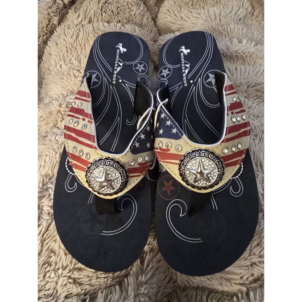 Montana West Women's Red White & Blue Flip Flops with Rhinestone Concho SZ 9